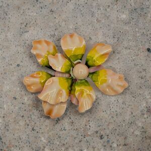Vintage Enamel Two Flower Brooch  Peach Orange Yellow Green Floral Pin Estate